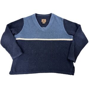 Men's Two-Tone Navy and Sky Blue V-Neck Sweater with White Stripe vintage